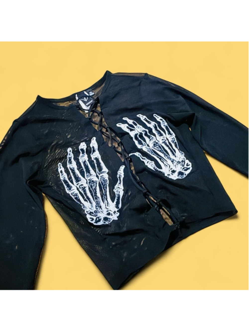 Windsor Sheer Mesh Skeleton Hands Lace Up Crop Top XS Goth Festival Y2K Grunge